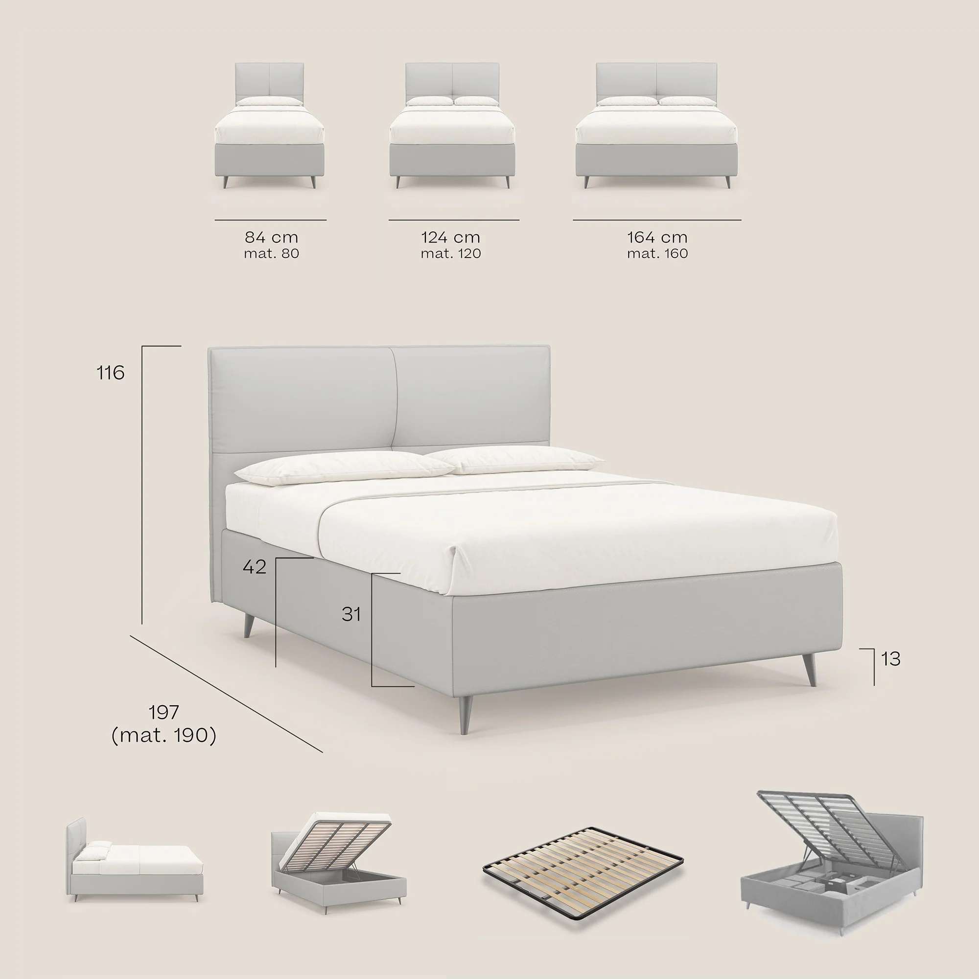 Greta lit coffre aux dimensions SLIM avec tête de lit matelassée en similicuir imperméable T04 taupe - Image 9