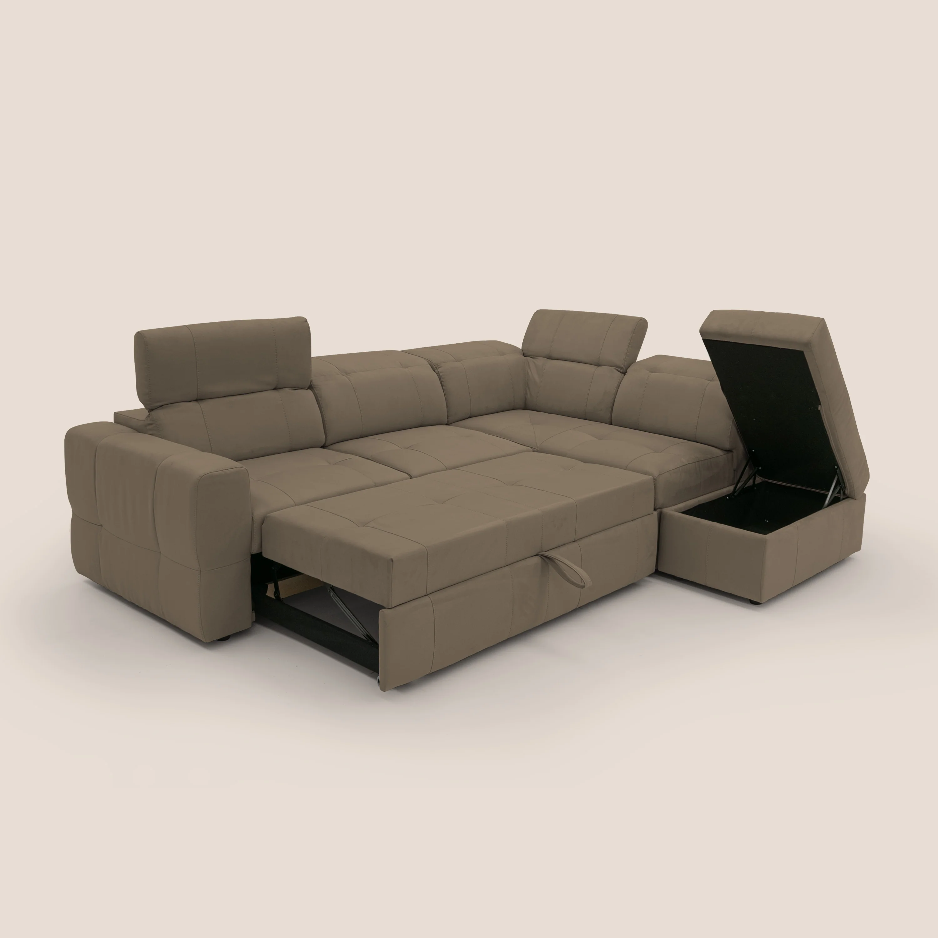 Kronos Canapé d'angle avec extractible et pouf coffre en micorfibre imperméable T11 marron - Image 2