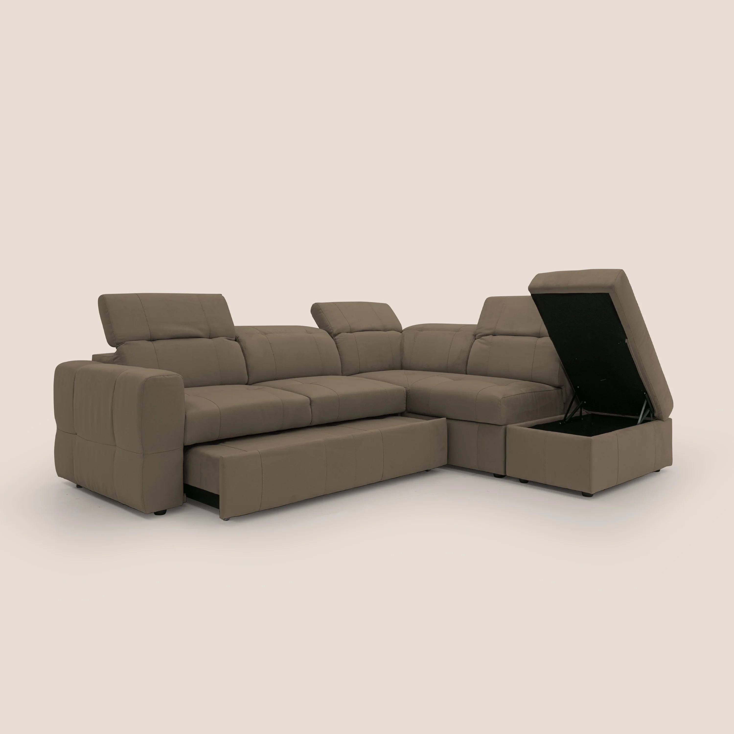 Kronos Canapé d'angle avec extractible et pouf coffre en micorfibre imperméable T11 marron - Image 7