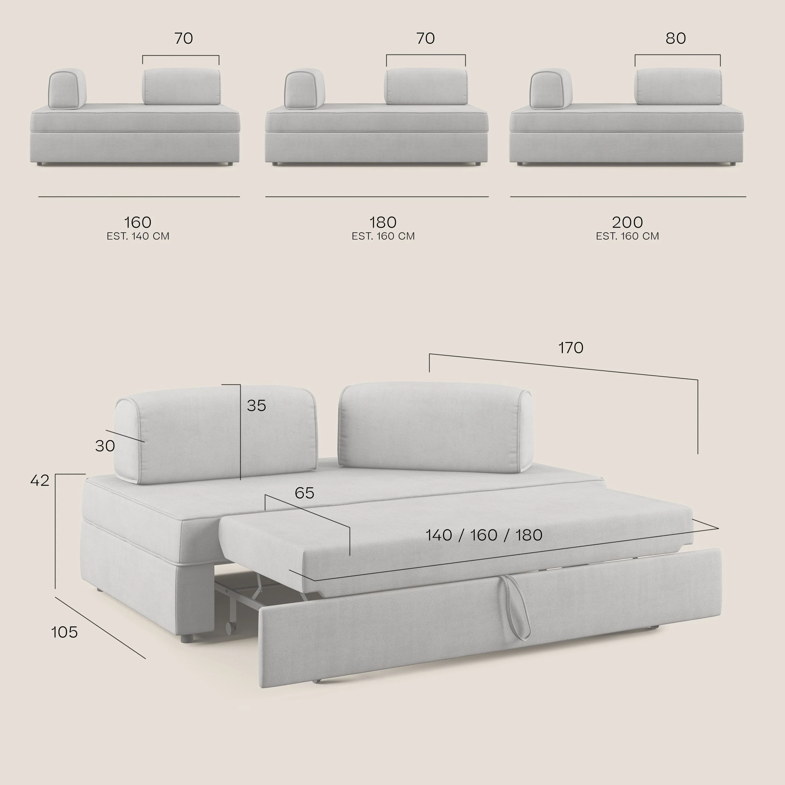 Liberty canapé avec pouf extractible et dossier amovible en tissu doux imperméable T02 beige - Image 10