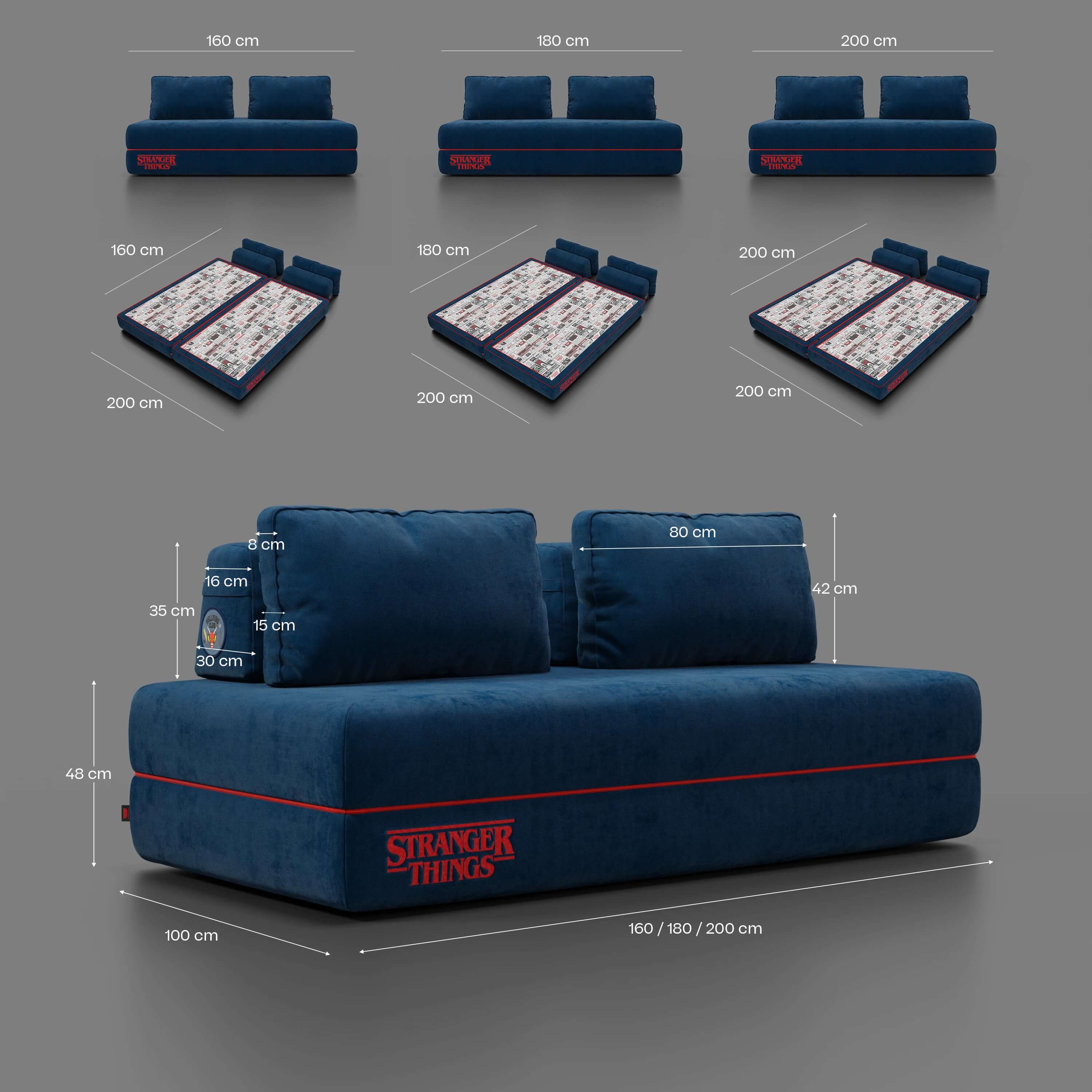 Rift Canapé-lit double Édition STRANGER THINGS 2 places et 3 places avec dossiers amovibles - matelas de 22 cm d'épaisseur en mousse à mémoire de forme en tissu détachable Bleu - Image 17