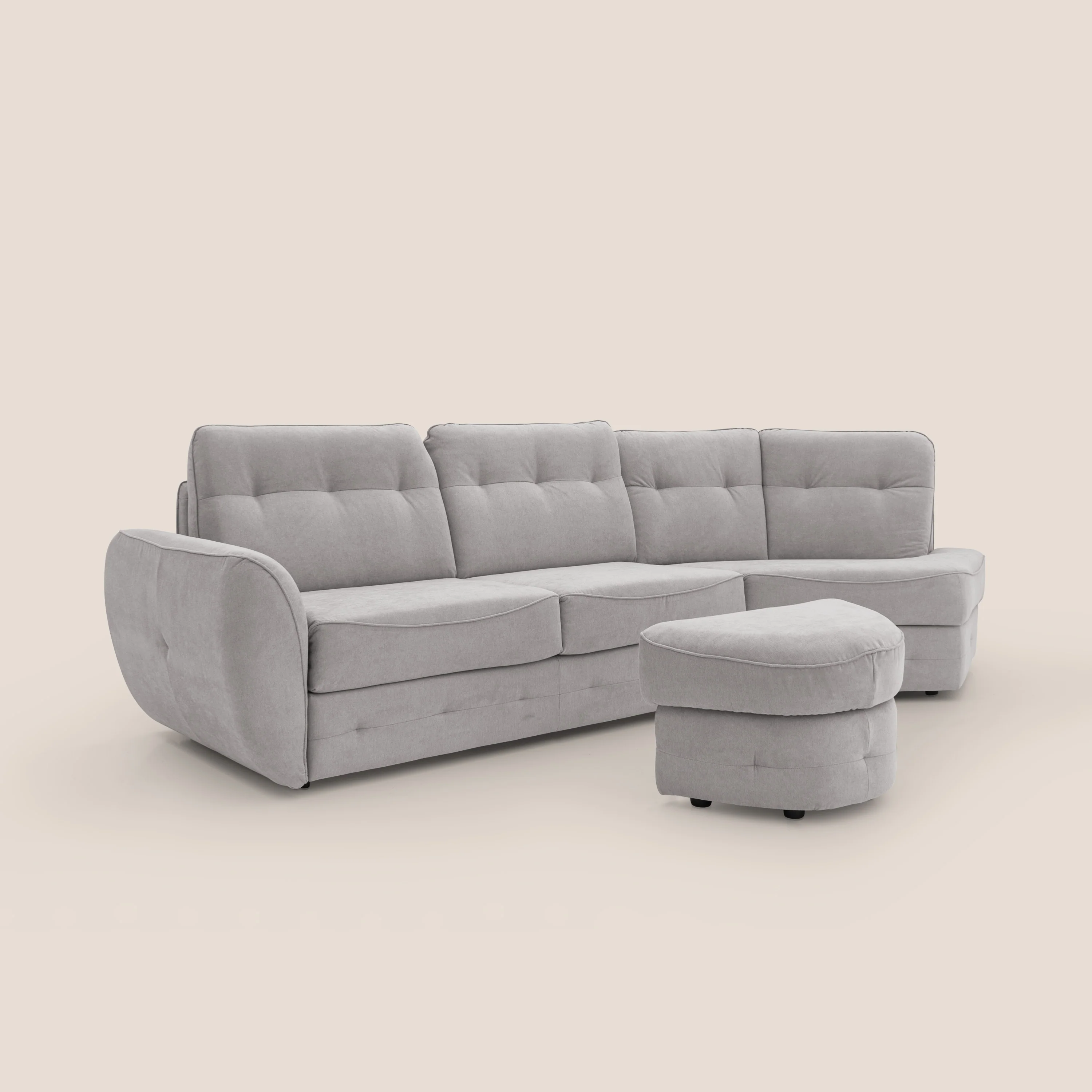 Zeus Canapé d'angle convertible avec matelas H18 cm pouf mobile en tissu imperméable T02 gris clair - Image 4